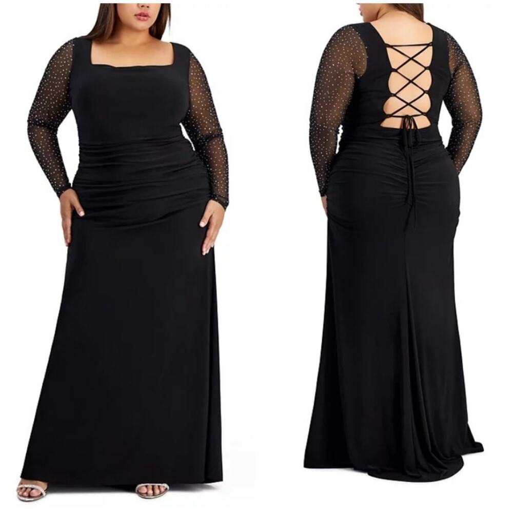 City Studios Trendy  Ruched Lace-up-Back Gown Long Sleeeve Black Size 14W